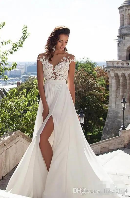 

2019 White Lace Scoop Formal womens wedding dress A line Chiffon wedding beach dress Robe Marriage Gown