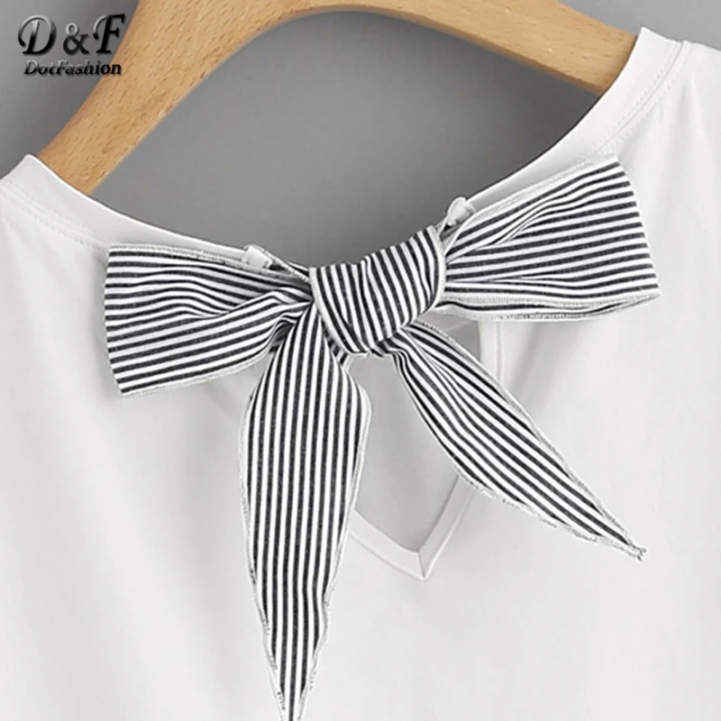 Dotfashion футболка в полоску с бантом и оборкой на подоле г., белый кружевной хлопковый топ, летняя футболка с короткими рукавами и круглым вырезом