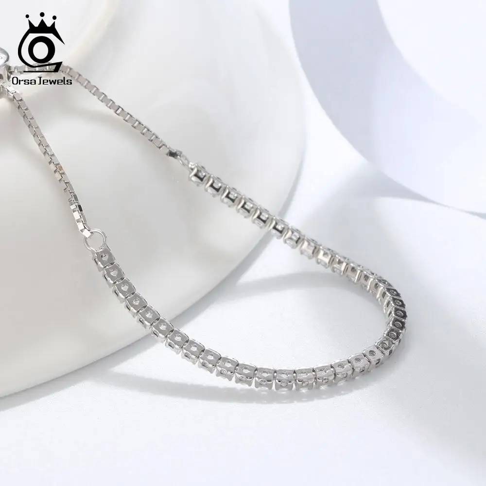 ORSA JEWELS настоящий 925 Регулируемый браслет с однорядным прозрачным CZ серебряной цепочкой для свиданий, ювелирное изделие SB43