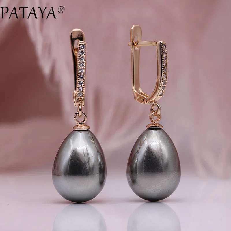 Silver grey PATAYA, новинка 328, юбилей, 585, розовое золото, капля воды, жемчуг, длинные серьги, белый натуральный циркон, для женщин, простые, модные ювелирные изделия - Окраска металла: Silver grey