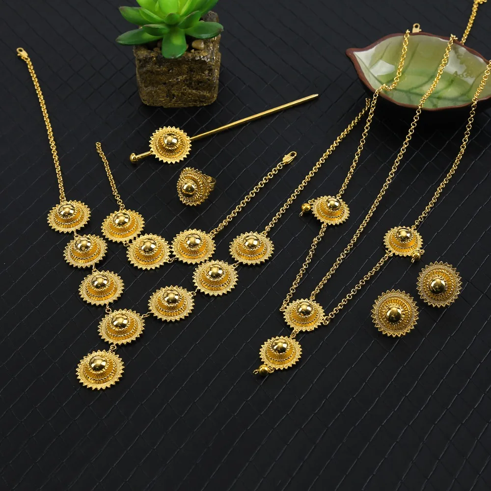 Лучшее качество наборы эфиопских ювелирных украшений для волос золотого цвета 22