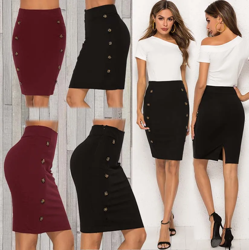

Plus Size Classic Fashion Pencil Skirt Office Ladies Skirt Double Button High Waist Pattern Hips-Wrapped Bodycon Skirt