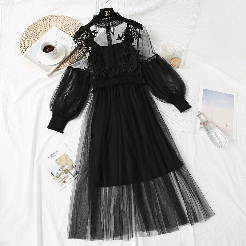 Stinlicher Sweet Long-Sleeved Stand-Neck Party Dresses Women Mesh Streetwear Mid-Calf Dress Female 2020 Summer Lace Blue | Женская