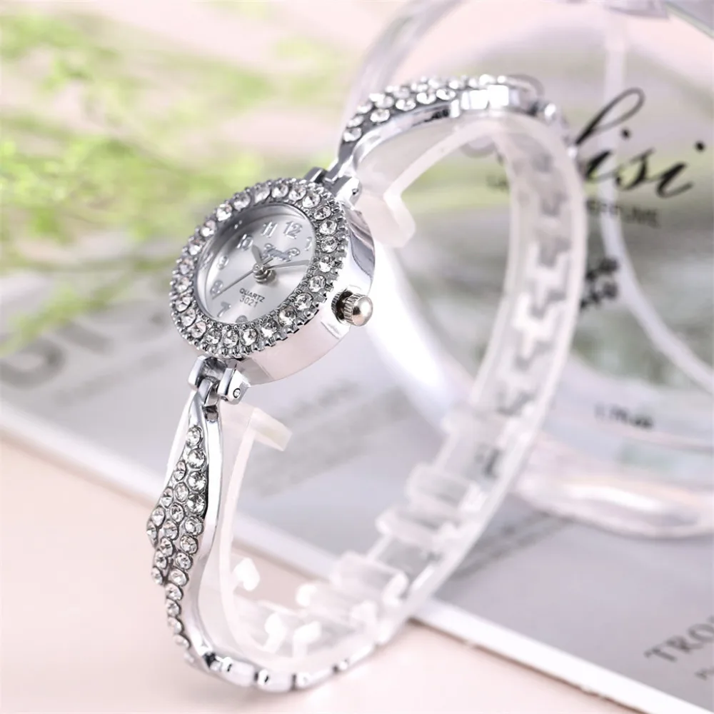 Женские часы из нержавеющей стали кварцевые наручные с полностью кристаллами