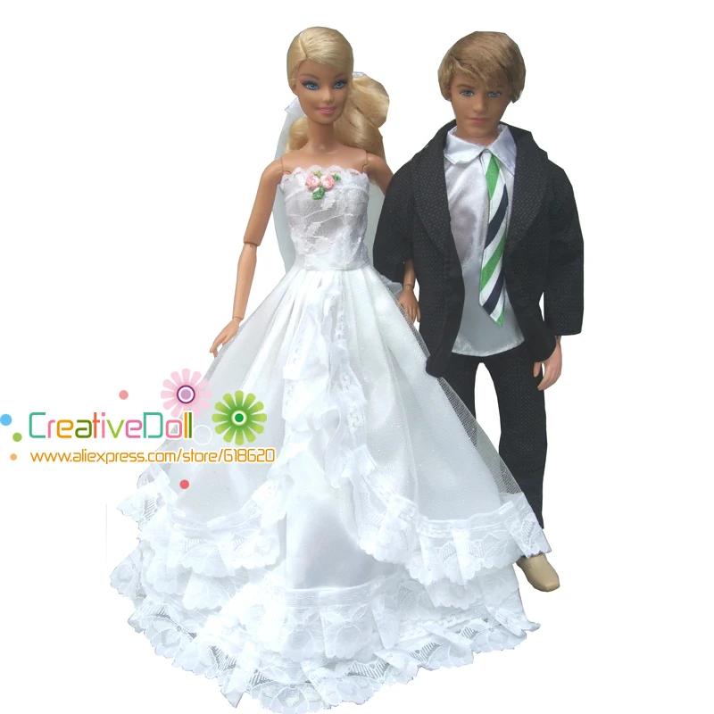 

New year Christmas gift for baby girl 2 sets = clothes suit for ken doll + white wedding dress with veil for barbie doll
