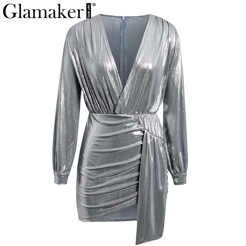 Женское платье с длинным рукавом Glamaker серебристое сатиновое облегающее