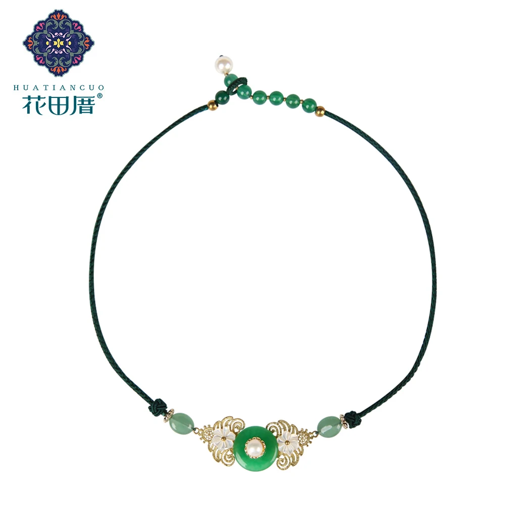

Ethnic Handmade Fashin Chokers Necklace FreshwaterPearl Green Stone Buckle Shell Petal RopeChain Accessories For Woman DL-190311