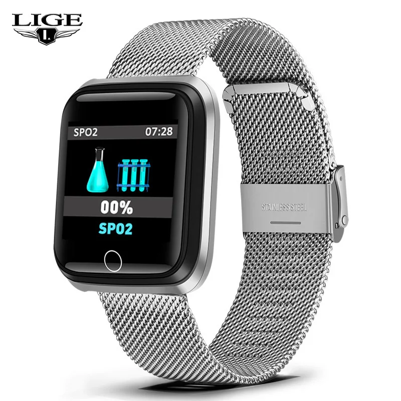 Net belt silver LIGE новые умные часы, монитор сердечного ритма, артериального давления, фитнес-трекер, умный браслет, браслет, шагомер, спортивный смарт-браслет - Цвет: Net belt silver