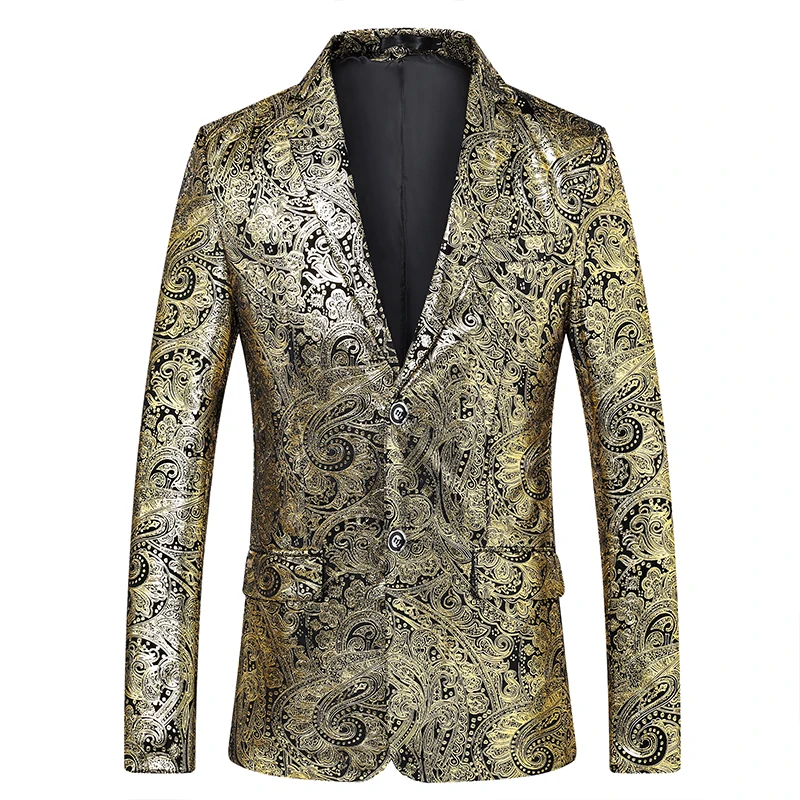 

MOGU 2019 New Men's Blazers Large Size 4XL Gold Pattern Casual Slim Blazer Stage Singer Evening Suit Wedding Groom Jacket Coat