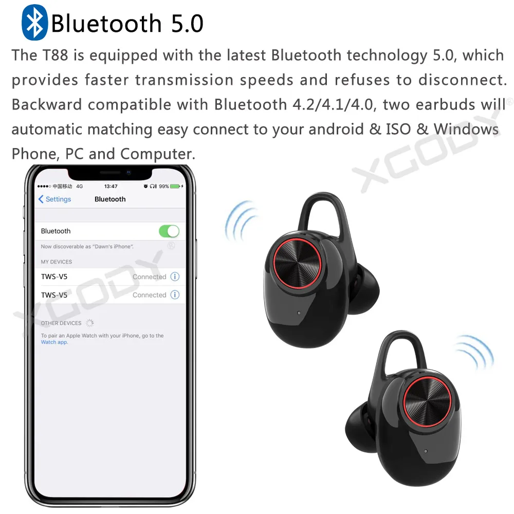 XGODY V5 наушники-вкладыши TWS Bluetooth наушники 5 0 стерео мини True Беспроводной гарнитура