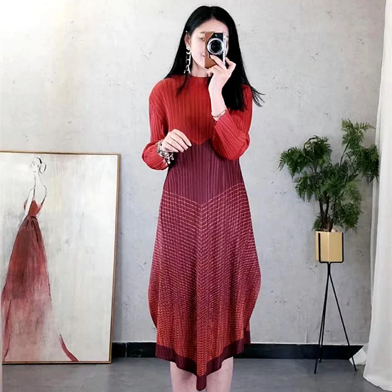Changpleat Весенние новые полосатые сплайсинговые женские платья Miyak плиссированные модные дизайнерские женские платья на одной пуговице с эластичной талией