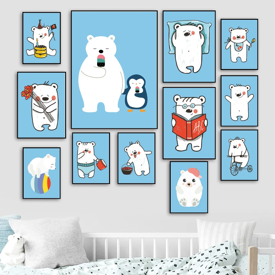 Little Bear Penguin Cake Book Flowers Wall Art Canvas Painting Nordic Posters And Prints Pictures Baby Kids Room Home Decor | Дом и сад