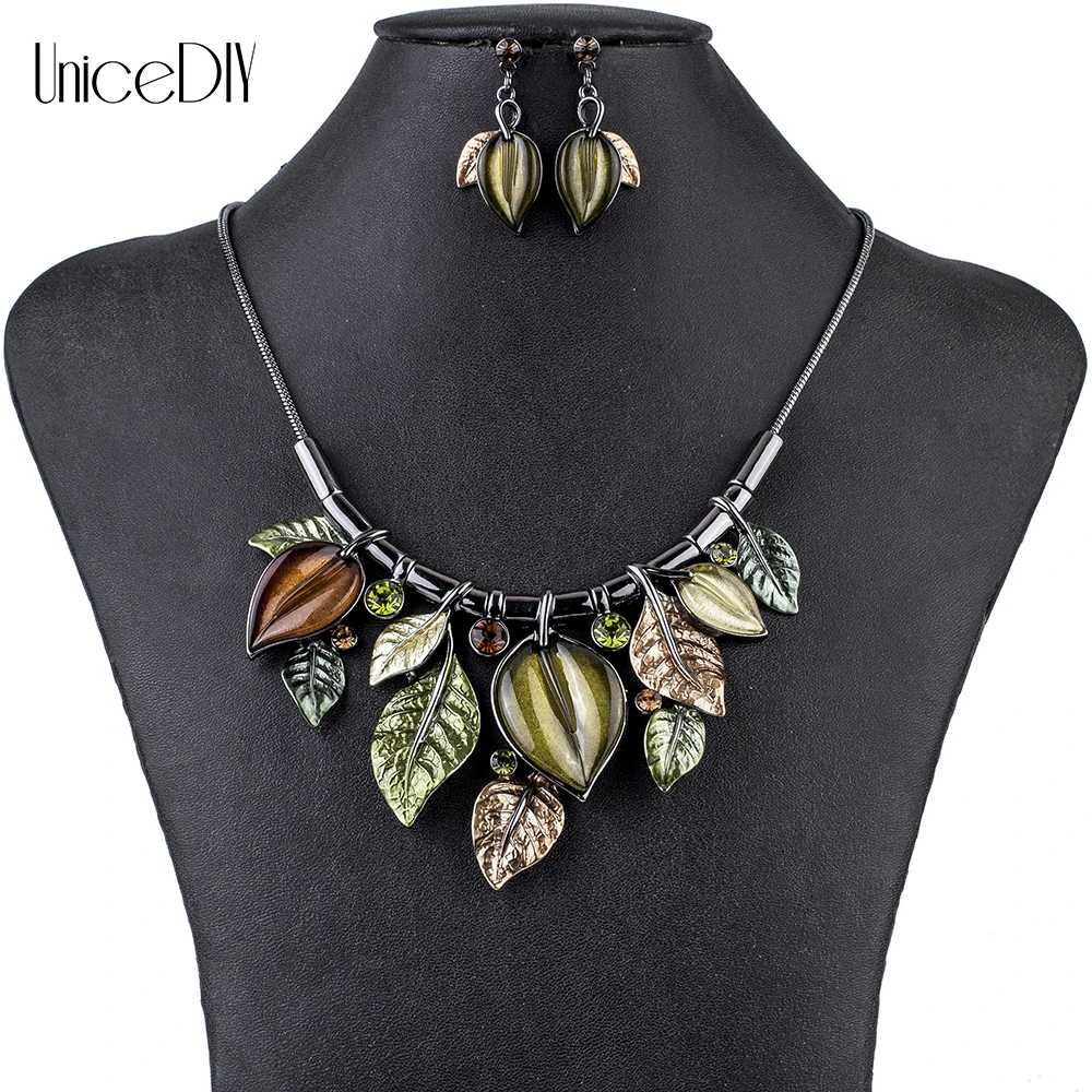 

MS1504796 Fashion Jewelry Sets High Quality Necklace Sets For Women Jewelry Black zinc Plated Crystal Resin Leaf Design Gift