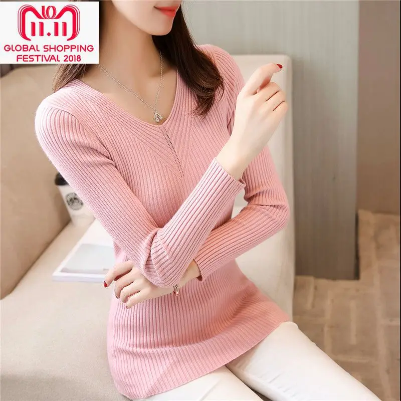 2021 OHCLOTHING Winter 22 NEW WOMENS stretch slim knit sweater V collar shirt F1927 head | Женская одежда