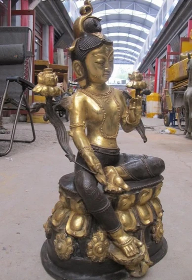 bi001383 30&quotTibet Buddhist Fane Bronze Gild Lotus Green Tara Kwan-Yin Buddha statue | Дом и сад