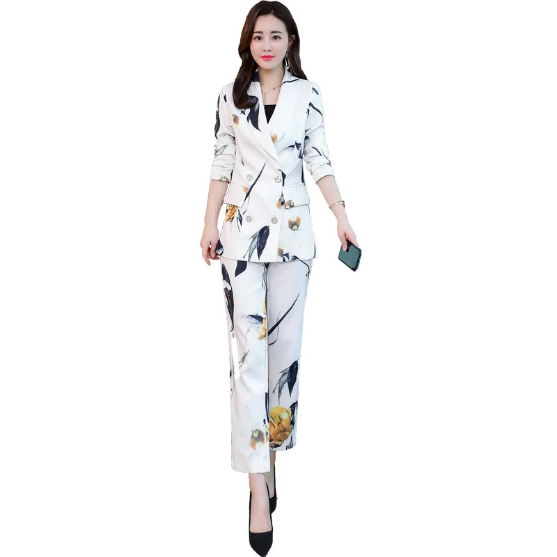 

Temperament Commuter Set Women 2019 New Fashion Elegant Print Small Suit Elastic Nine points Straight Pants Two Piece Set