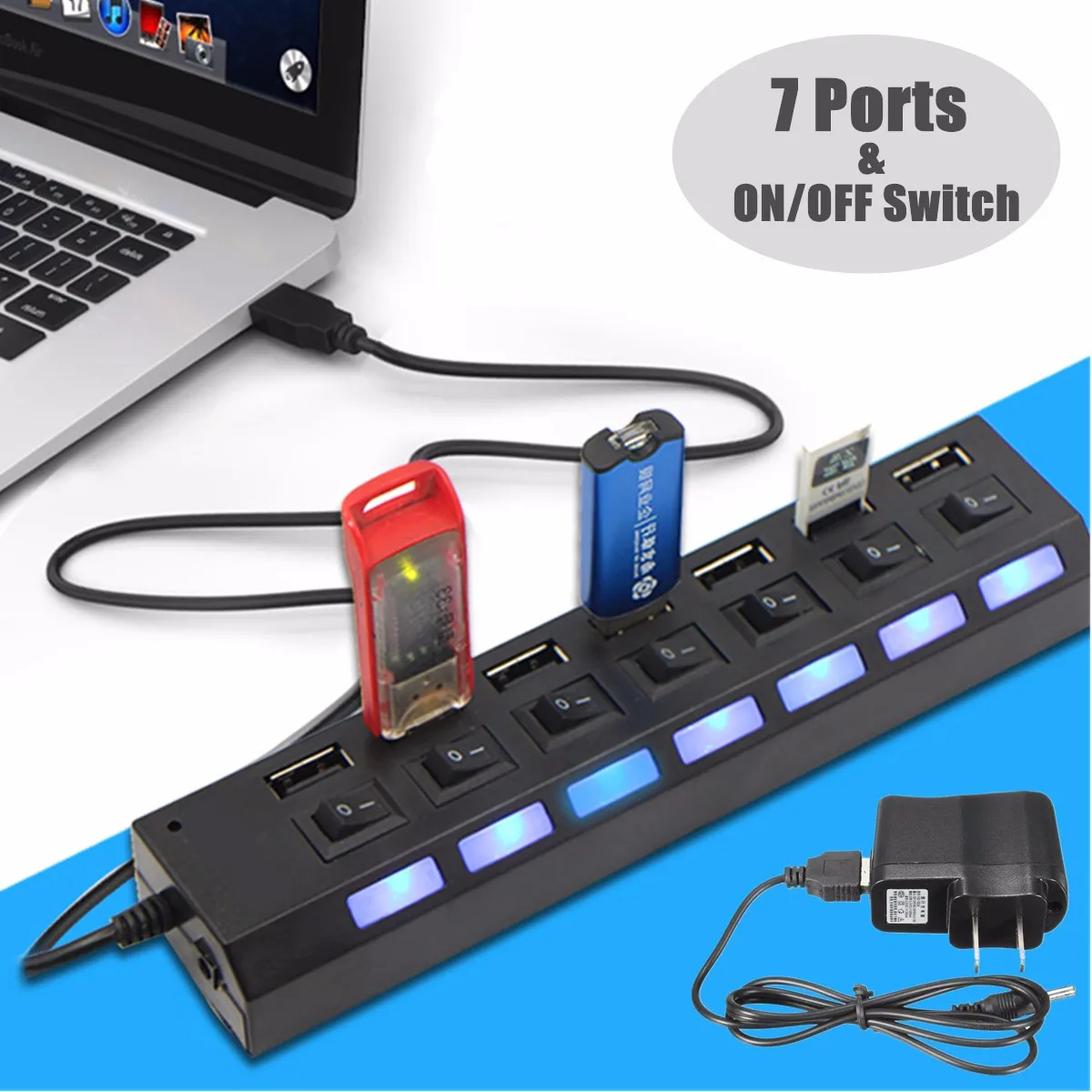 Универсальный usb-концентратор высокой мощности 7 портов высокоскоростной вкл/выкл Кабель-адаптер светодиодный usb-хаб для ПК компьютера ноутбука