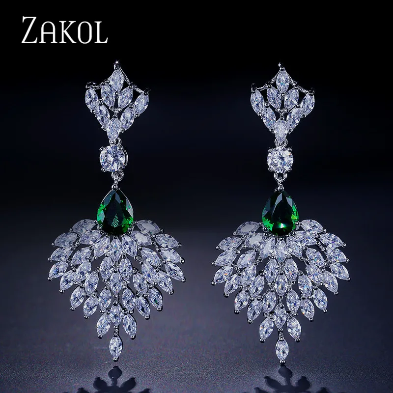 Green ZAKOL Винтажные серьги-капли белого цвета для женщин, хрустальные женские серьги-подвески, ювелирные изделия FSEP436 - Окраска металла: Green