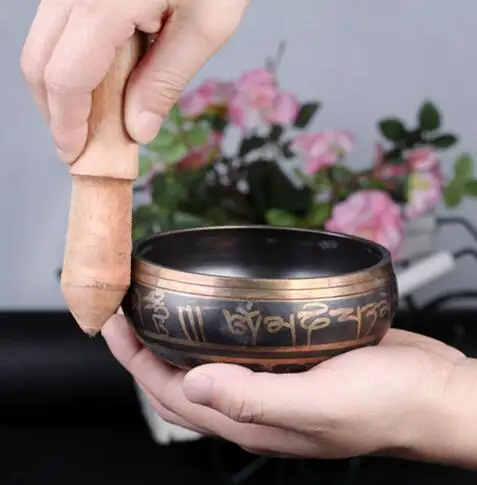 Винтажная 8 5 см тибетская медь Буддизм Поющая чаша с деревянной чашей для