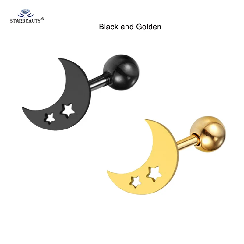 Black and Golden 2 шт./партия 1,0x6 мм Горячая звезда Луна хряща серьги шпилька Спираль пирсинг для пупка пирсинг Oreja пирсинг Orelha уха ювелирные изделия - Окраска металла: Black and Golden