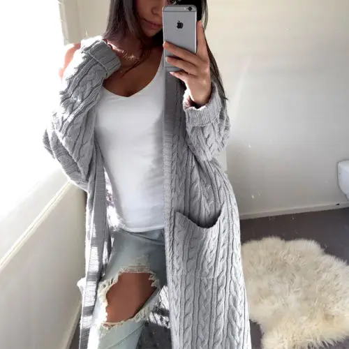 Women Casual Loose Knitted Solid Jumpers Ladies Winter Long Sleeve Pocket Coat Tops | Женская одежда