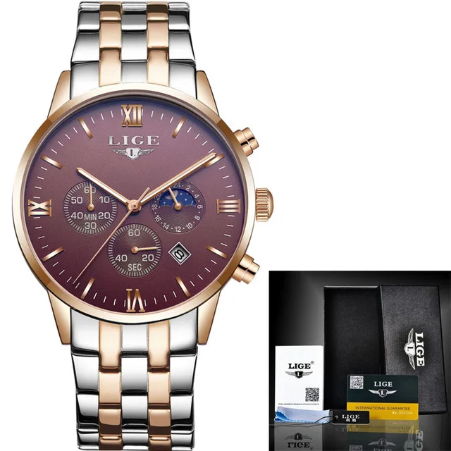 gold brown Мужские часы Топ бренд класса люкс LIGE Moon Phase полностью стальные часы мужские бизнес модные кварцевые часы мужские спортивные часы для улицы - Цвет: gold brown