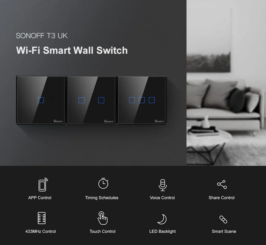 Интеллектуальный выключатель света SONOFF T3 US/EU/UK TX 1/2/3 Gang 433 RF Управление Smart Wifi сенсорный настенный светильник переключатель Базовая работа с Alexa Google Home
