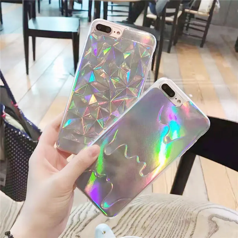 Holographic Card Paper Geometric Phone Case For iPhone 7 Plus 6 6S 5 5S Rainbow 3D Diamond TPU Cover Fashion Pastel |