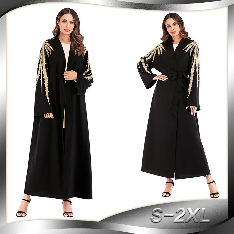 2018 модное мусульманское платье Abaya с вышивкой жемчугом и длинным рукавом для