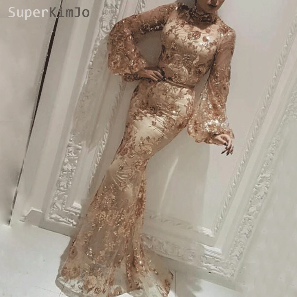 Вечерние платья SuperKimJo с расклешенными рукавами длинное 2020 золотистое платье