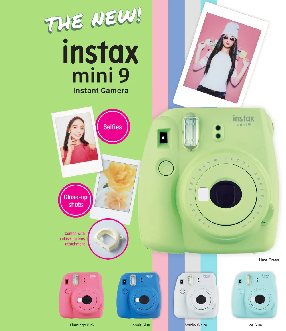 Фотокамера моментальной печати Fujifilm Instax Mini 9+ 20 снимков Instax Mini 8 белых пленок фото+ чехол для переноски/альбом/ручка/наклейки
