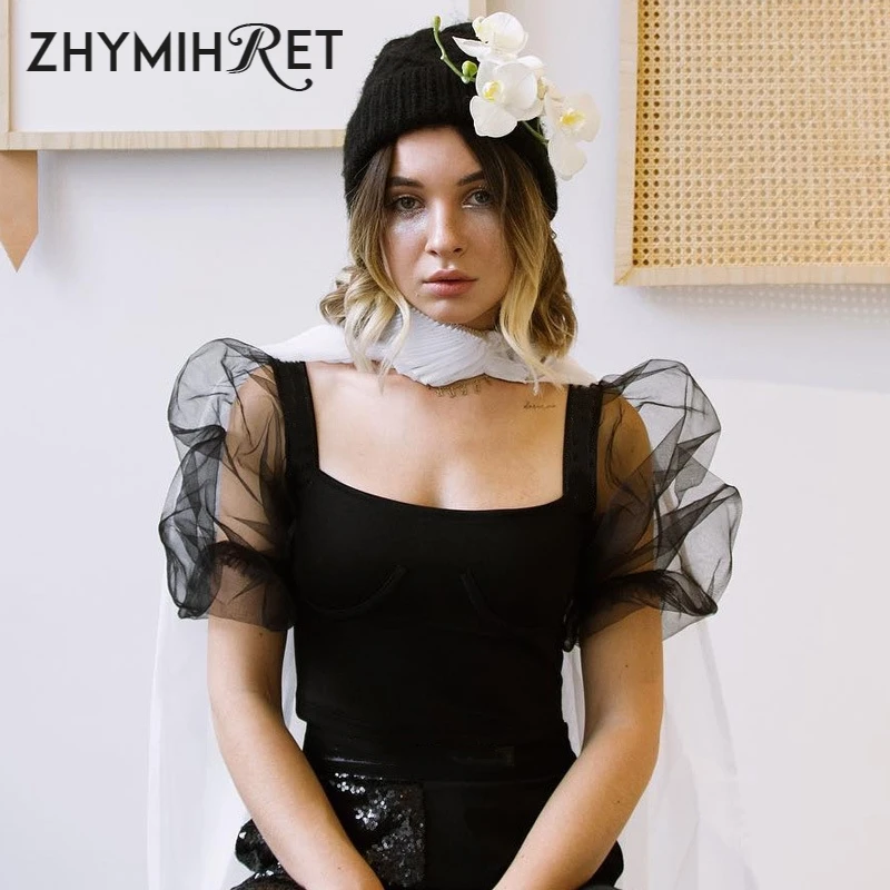 ZHYMIHRET сексуальный сетчатый боди с пышными рукавами женский черный квадратный