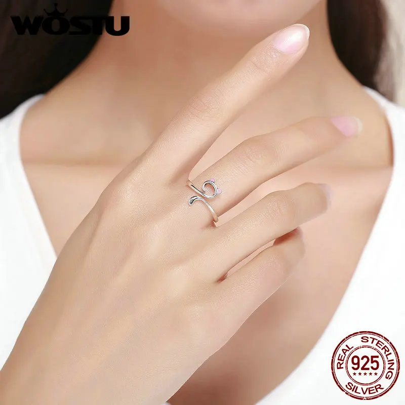 WOSTU, однотонное кольцо из чистого 925 пробы серебра с милым котом на палец для женщин и девушек, праздничная бижутерия с кольцами, подарок для девушки FIR341