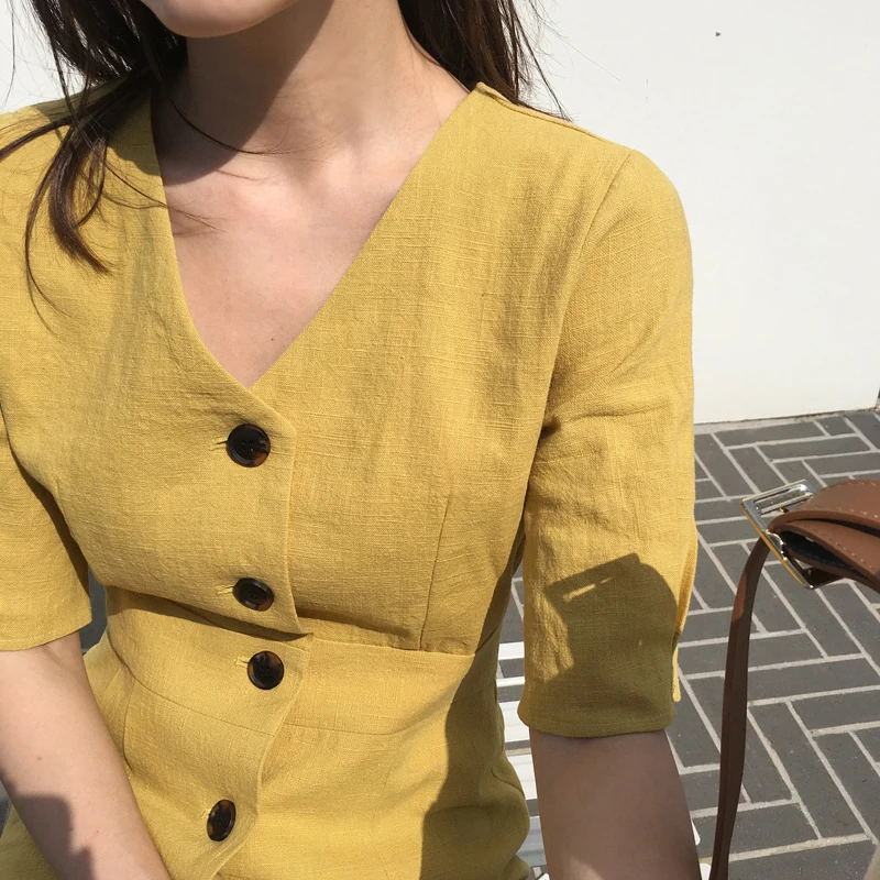 Yanueun Normcore 2019 летнее однотонное платье с v образным вырезом и коротким рукавом