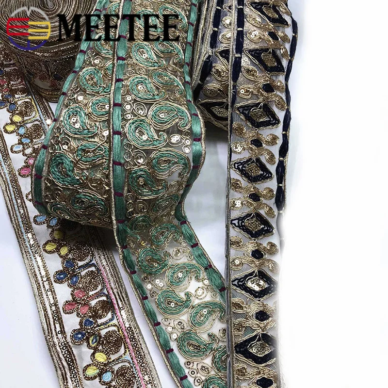 2 метра Этническая золотая нить вышитая кружевная отделка блестки тесьма ленты