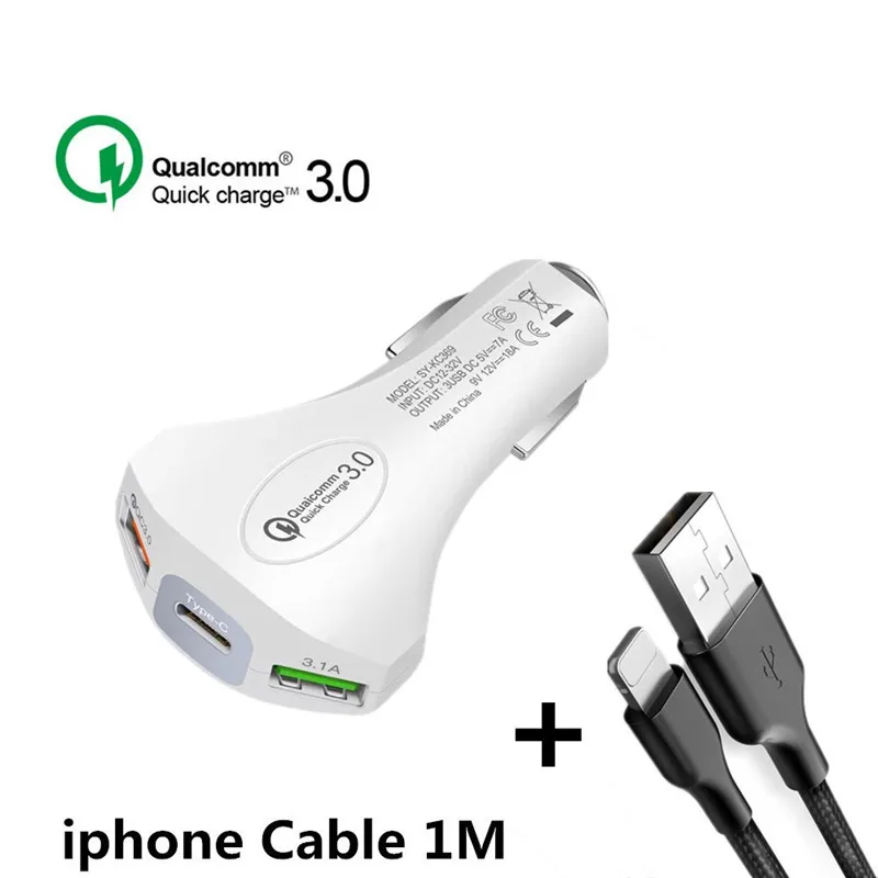 White ip Cable 3,0 USB Автомобильное зарядное устройство молоток безопасности для мобильного телефона планшета gps быстрое зарядное устройство автомобильное зарядное устройство двойной USB автомобильный адаптер зарядного устройства для телефона в автомобиле - Тип штекера: White ip Cable