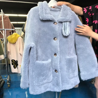 blue Роскошная Новинка, Осень-зима, настоящая овечья шерсть, меховые пальто для девушек, стрижка овец, Длинные теплые куртки, модные свободные, размер, женская верхняя одежда - Цвет: blue