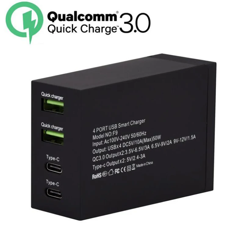 Дорожное настенное зарядное устройство 50 Вт с 6 портами QC3.0 Type C адаптер умное
