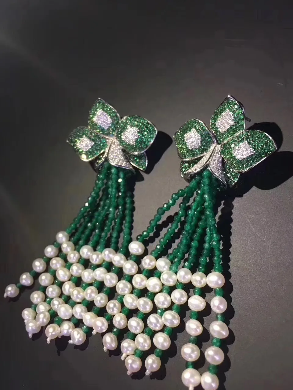 

green color long tassels earring 925 sterling silver flower stud earring natural fresh water pearl and agate earring fine jewel