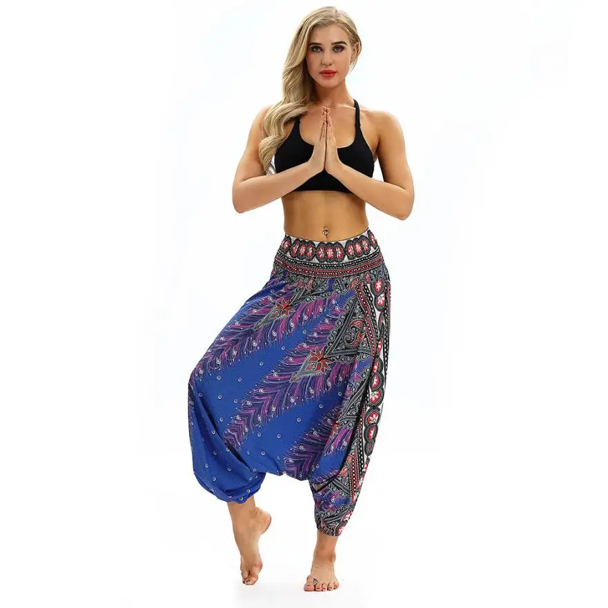 Новые женские повседневные свободные штаны для йоги широкие брюки Boho Aladdin Комбинезон гарем брюки с высокой талией спортивные брюки Одежда для женщин тренажерный зал