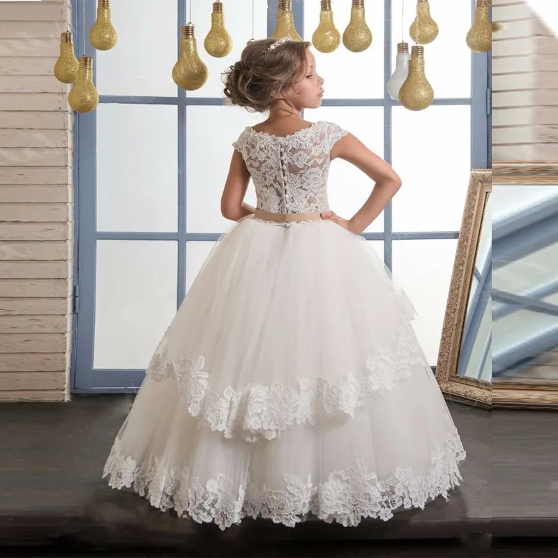Элегантный Кружева С Коротким Рукавом Девушки Цветка Платья Лук Пояса Бальное