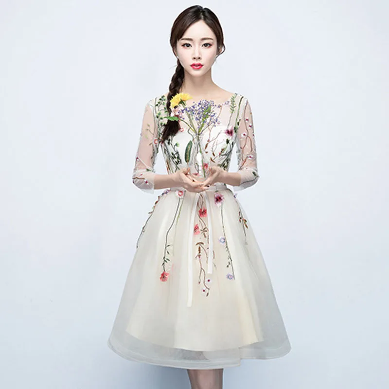 Champagne Women Cocktail Mini Dress Lace Vestido De Noche Elegante Embroidery Flower Formal Gown Sexy Belt Robe De Soiree