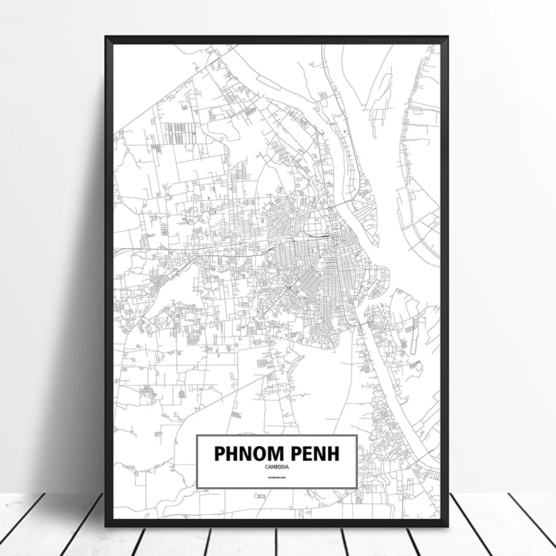 

Phnom Penh, Cambodia Black White Custom World City Map Poster Canvas Print Nordic Style Wall Art Home Decor