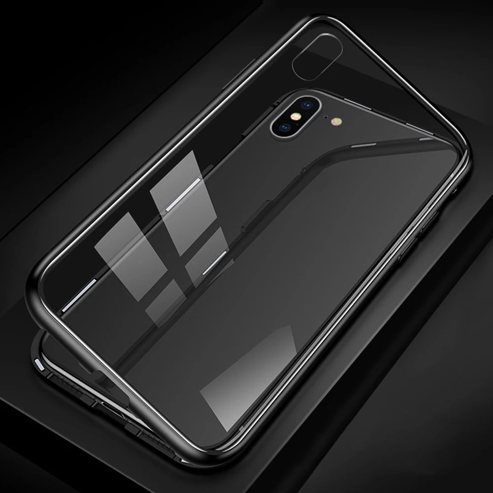 Black Чехол с магнитной адсорбцией для iPhone XS Max XR 7 8X6 S 6 S Plus, полный Чехол с откидной крышкой, металлический бампер+ Противоударная сумка из Tmpered стекла - Цвет: Black