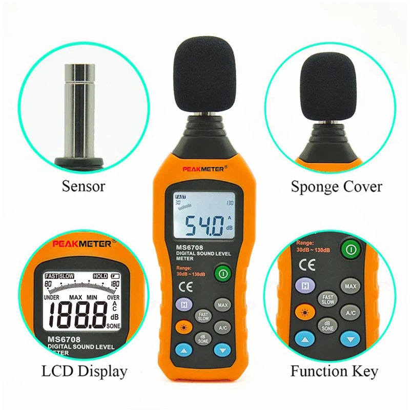 PEAKMETER PM6708 30 дБ ~ 130 ЖК цифровой дисплей аудио децибел измеритель шума