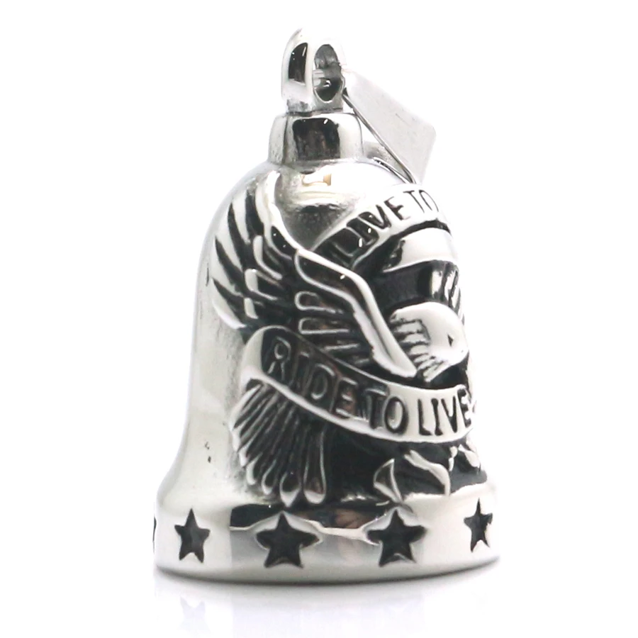 Mens 316L Stainless Steel Cool Ride To Live, Live To Ride Stars Silver Eagle Biker Newest Ring Bell Pendant