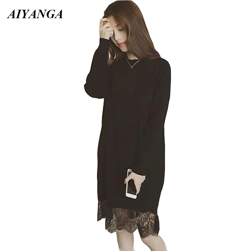 2018 осенне зимнее платье женское трикотажное в стиле пэчворк кружевное средней