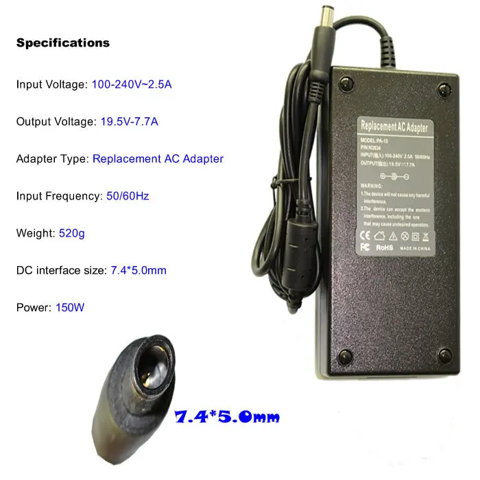 JIGU 19 5 V 7.7A 7 4*5 0 MM Замена для Dell 150W Универсальный ноутбук AC зарядное устройство