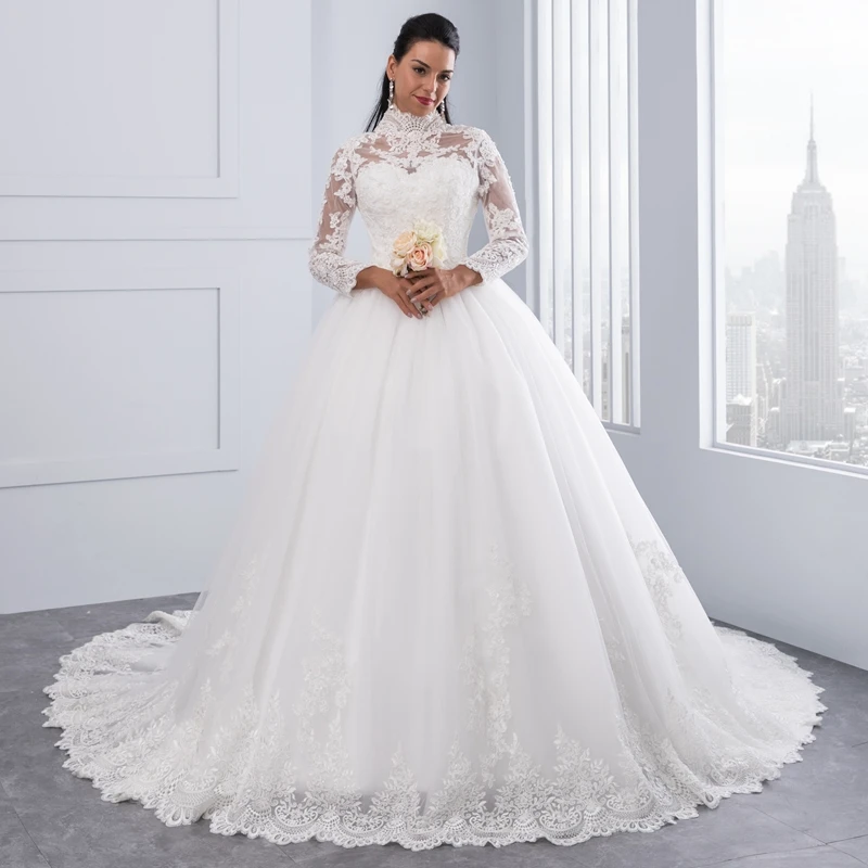 Miaoduo Vestido De Noiva свадебное платье с высоким воротом и длинным рукавом на спине кружевное бальное платье Свадебные платья robe de mariage Новинка