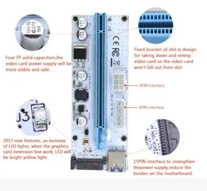 Плата расширения VER008S 3 в 1 Molex 4Pin SATA 6PIN PCIE PCI E Express кабель 1x до 16x USB 0 для майнинга BTC 10